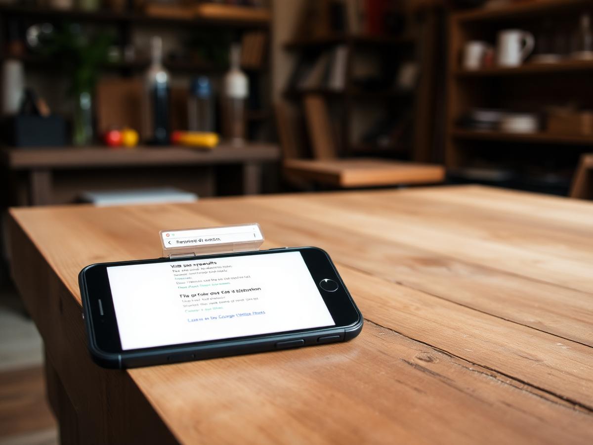 Smartphone sur un comptoir, recherche Google sans résultats